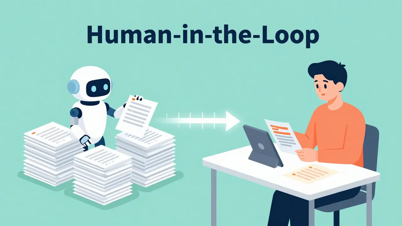 Human and AI collaborating on data validation in a modern office setting