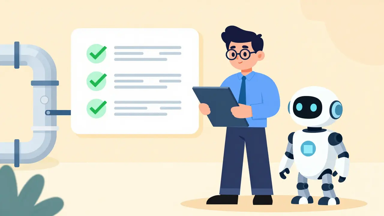 Human engineer and AI robot reviewing a checklist together, symbolizing mandatory human oversight in coding.
