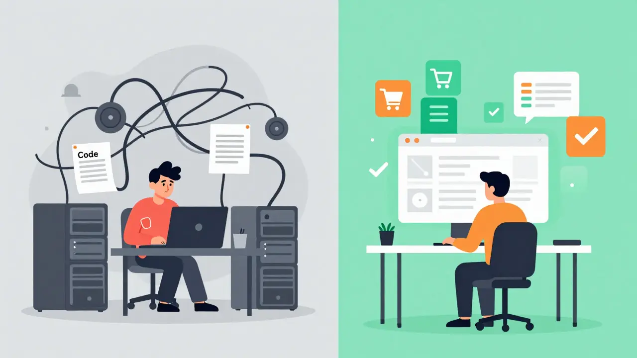 Illustration comparing chaotic traditional coding with streamlined vibe coding