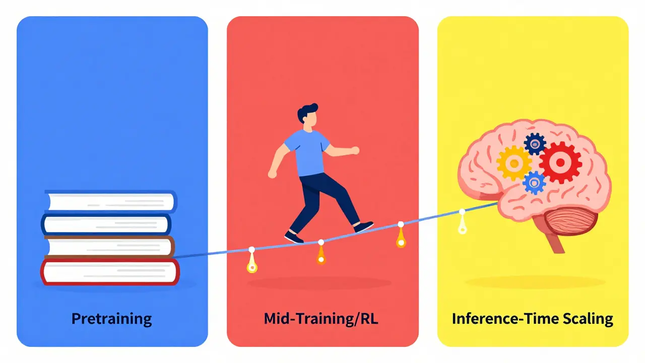 Illustration comparing pretraining, reinforcement learning, and inference-time scaling phases.