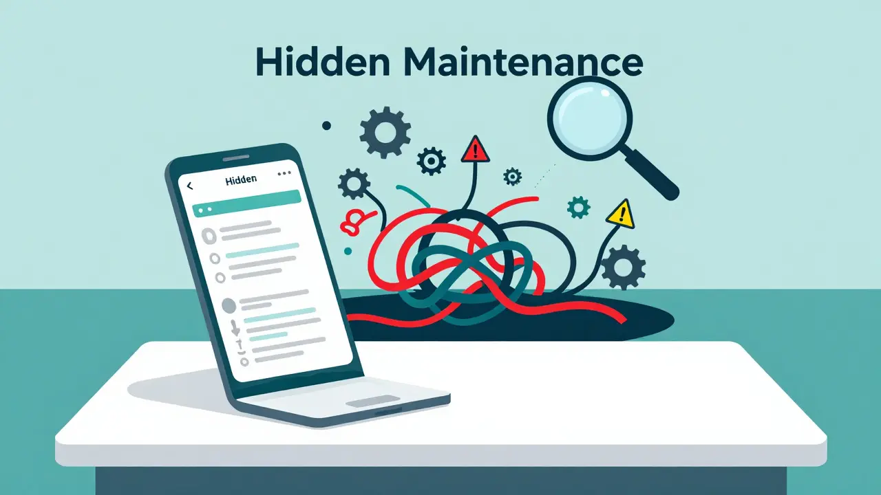 Illustration showing a shiny app hiding messy technical debt and maintenance risks underneath.