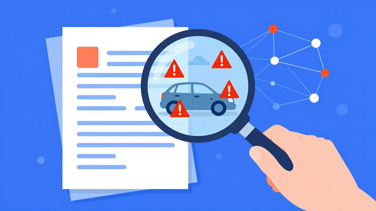 Magnifying glass highlighting fraud anomalies in insurance documents.
