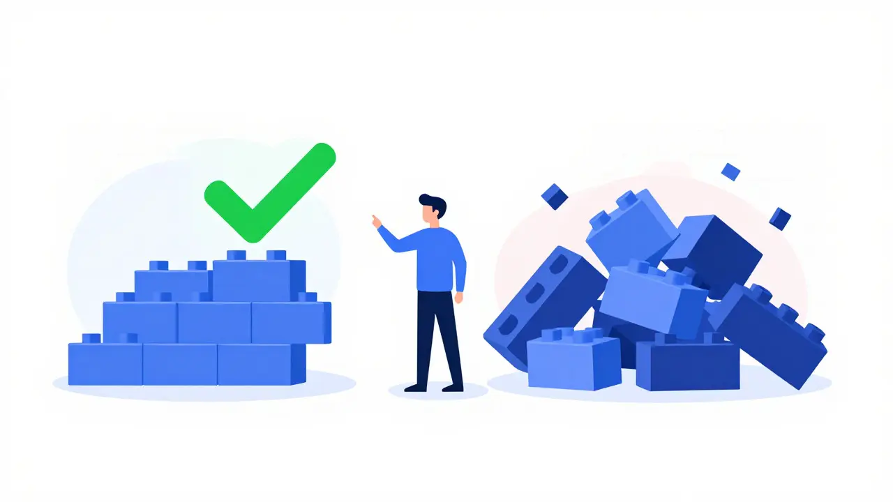 Modular blocks fitting neatly vs jumbled pile, showing benefits of structured code