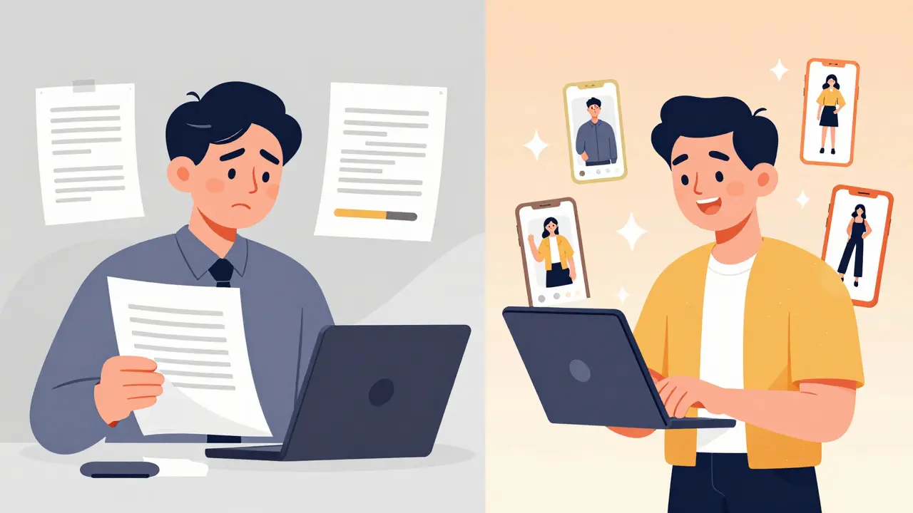 Split illustration contrasting slow traditional design with fast AI prototyping