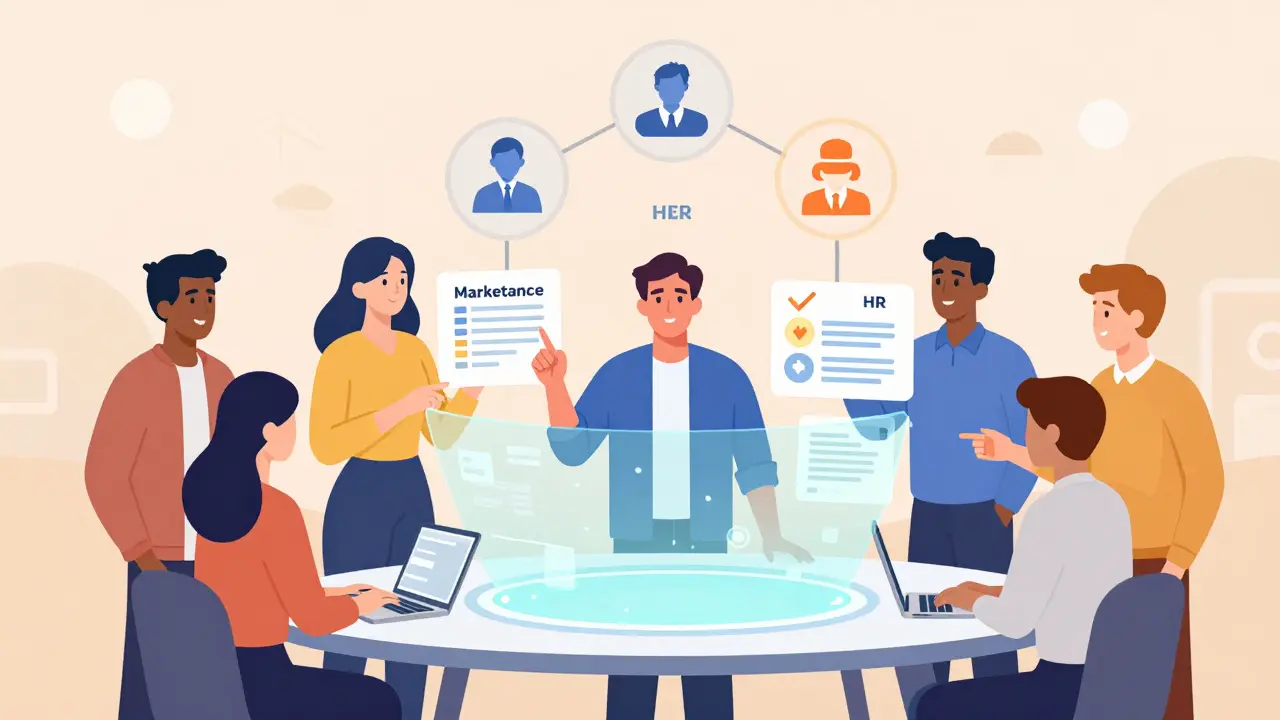 Team of non-tech staff using AI tools to build apps with governance oversight.