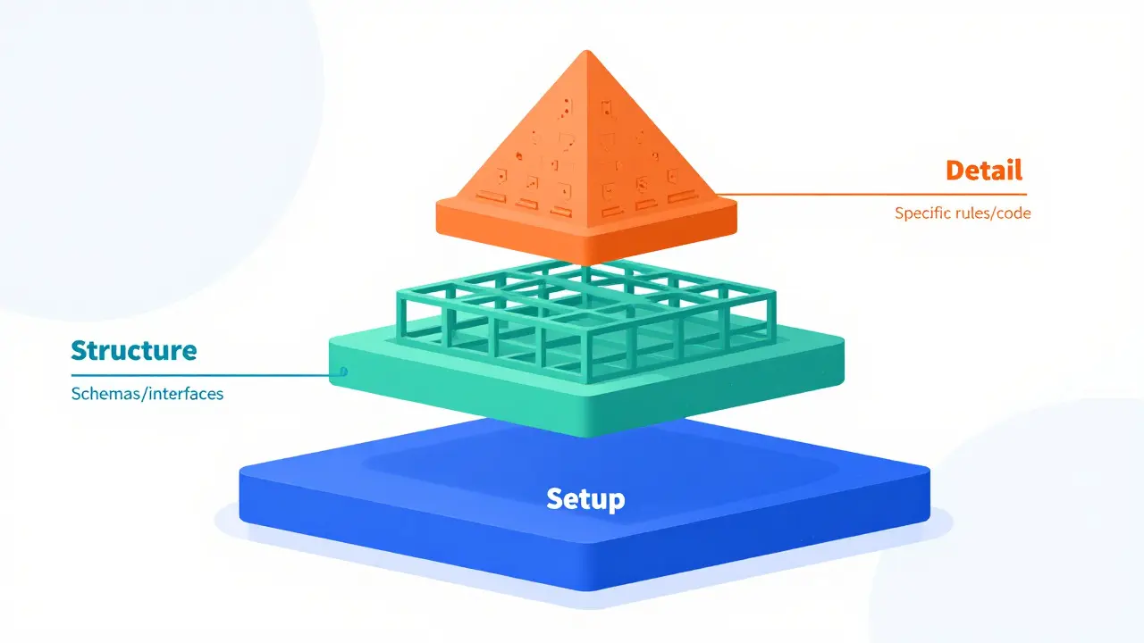 Three-layer pyramid diagram illustrating Setup, Structure, and Detail phases for AI context