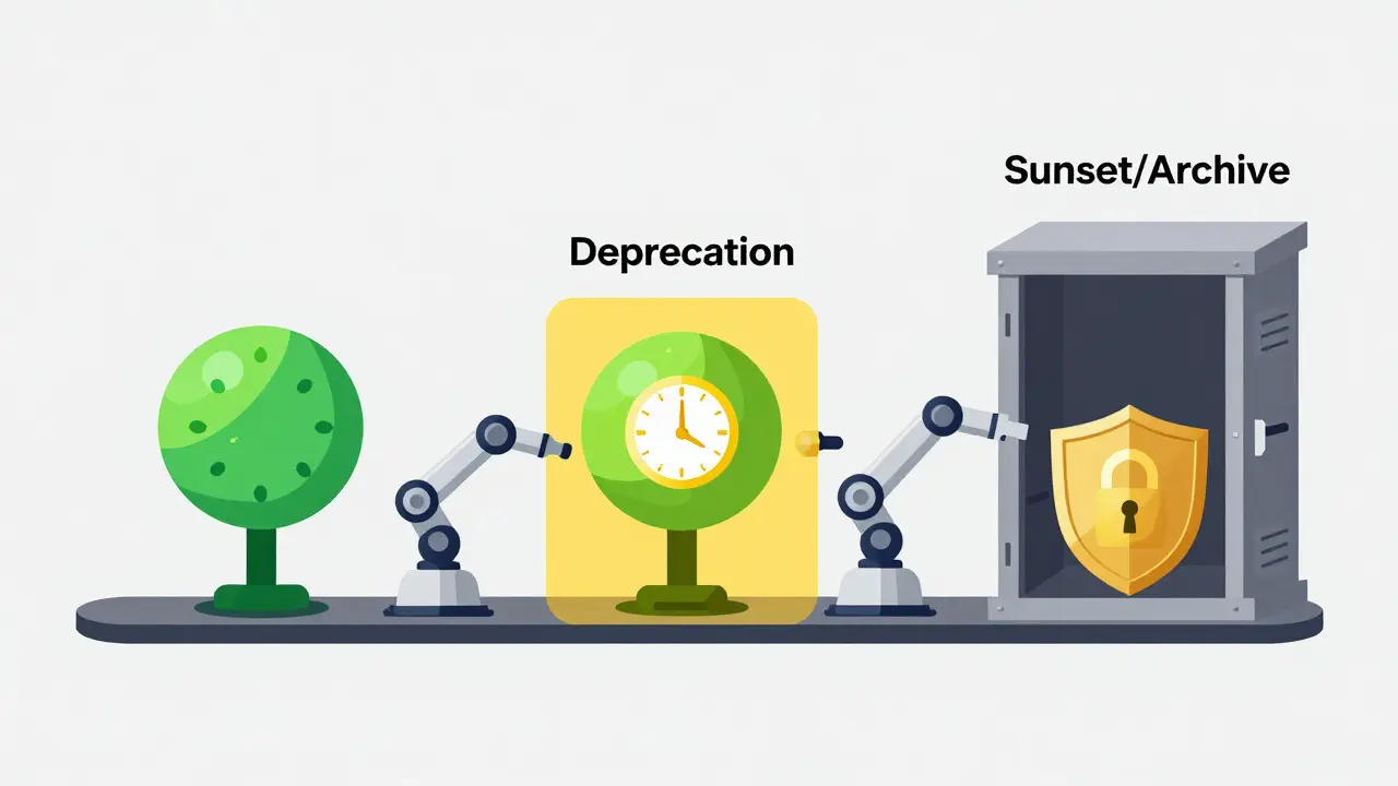 Automated AI model lifecycle timeline from deployment to secure sunset