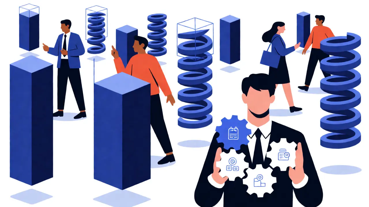 Business professionals navigating a maze of varying global AI compliance rules.