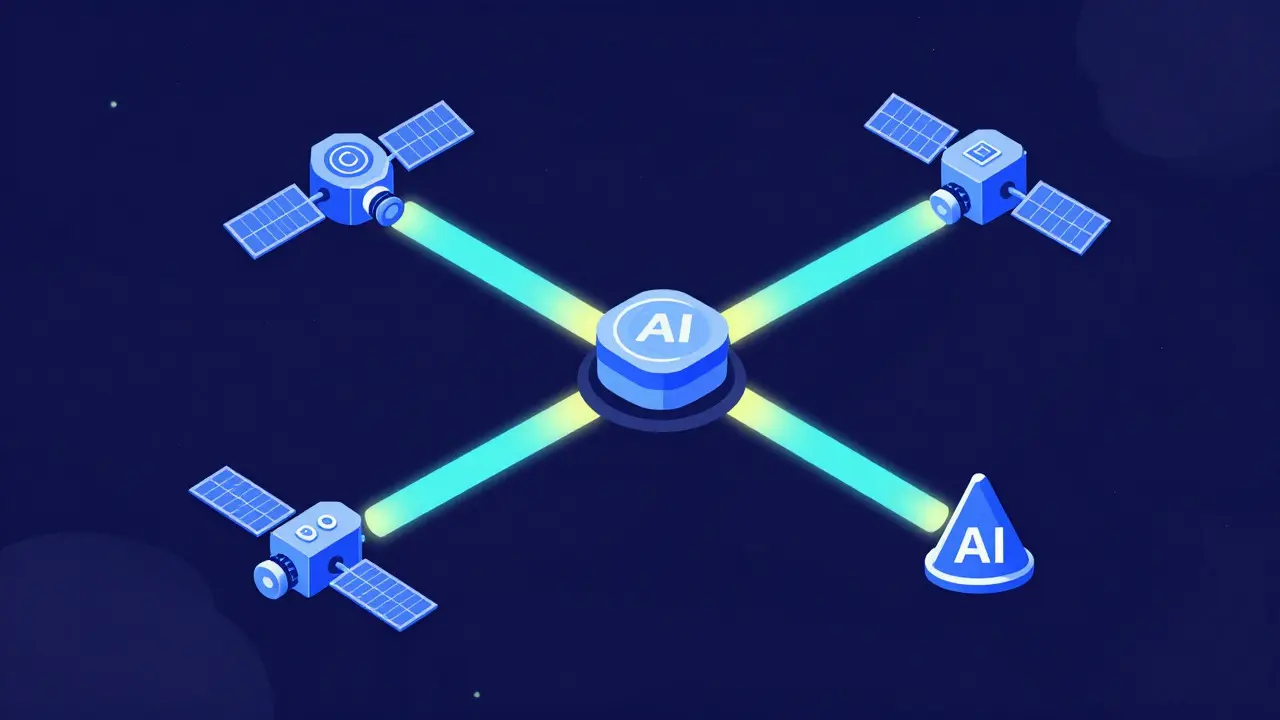 Central AI core coordinating with three smaller satellite agents via light beams
