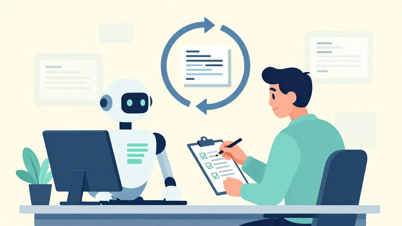 Developer managing an AI assistant in an iterative workflow, flat illustration style