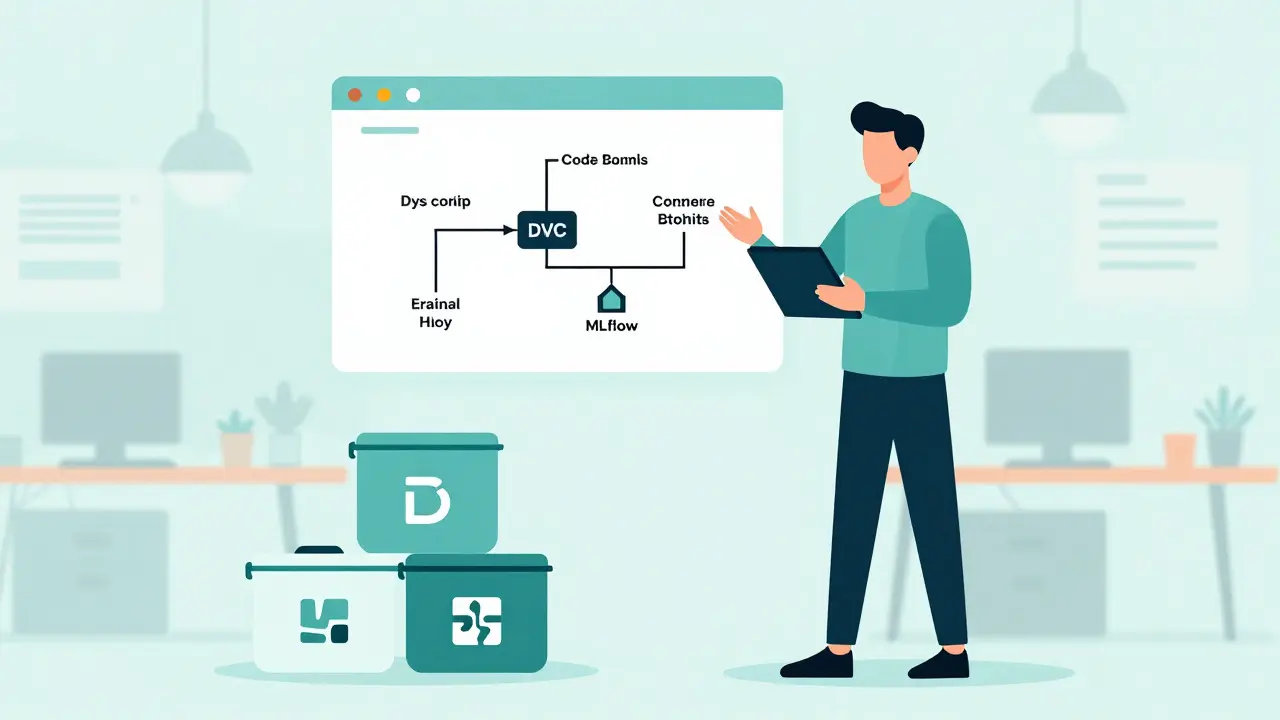 Developer managing code and data versions with containers, symbolizing reproducible AI workflows