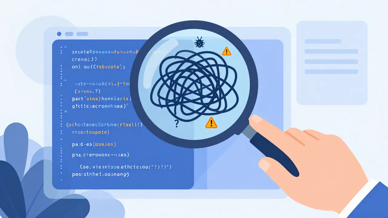 Developer using a magnifying glass to inspect and correct holographic code blocks
