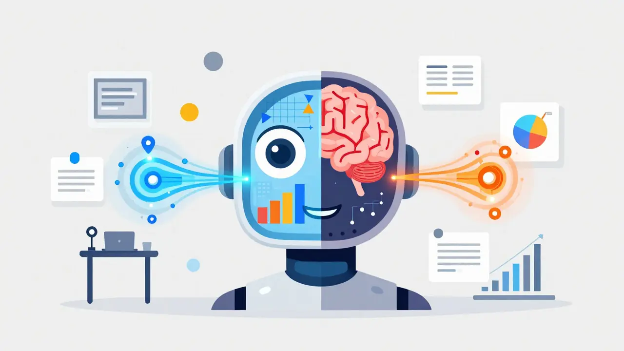 Diagram of an AI brain fusing visual analysis and language processing for document understanding