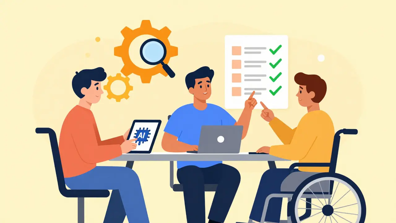Diverse team reviewing AI-generated accessibility content