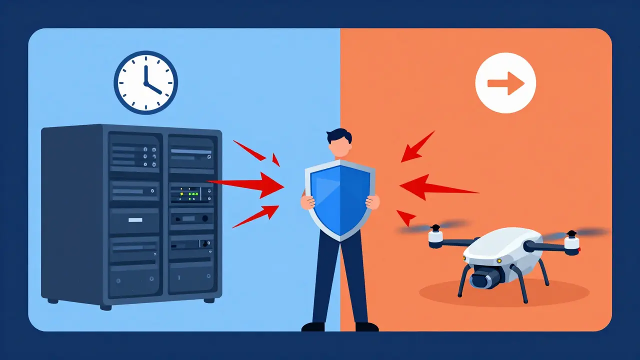 Flat illustration comparing slow and fast verification tools with a human overseeing the process