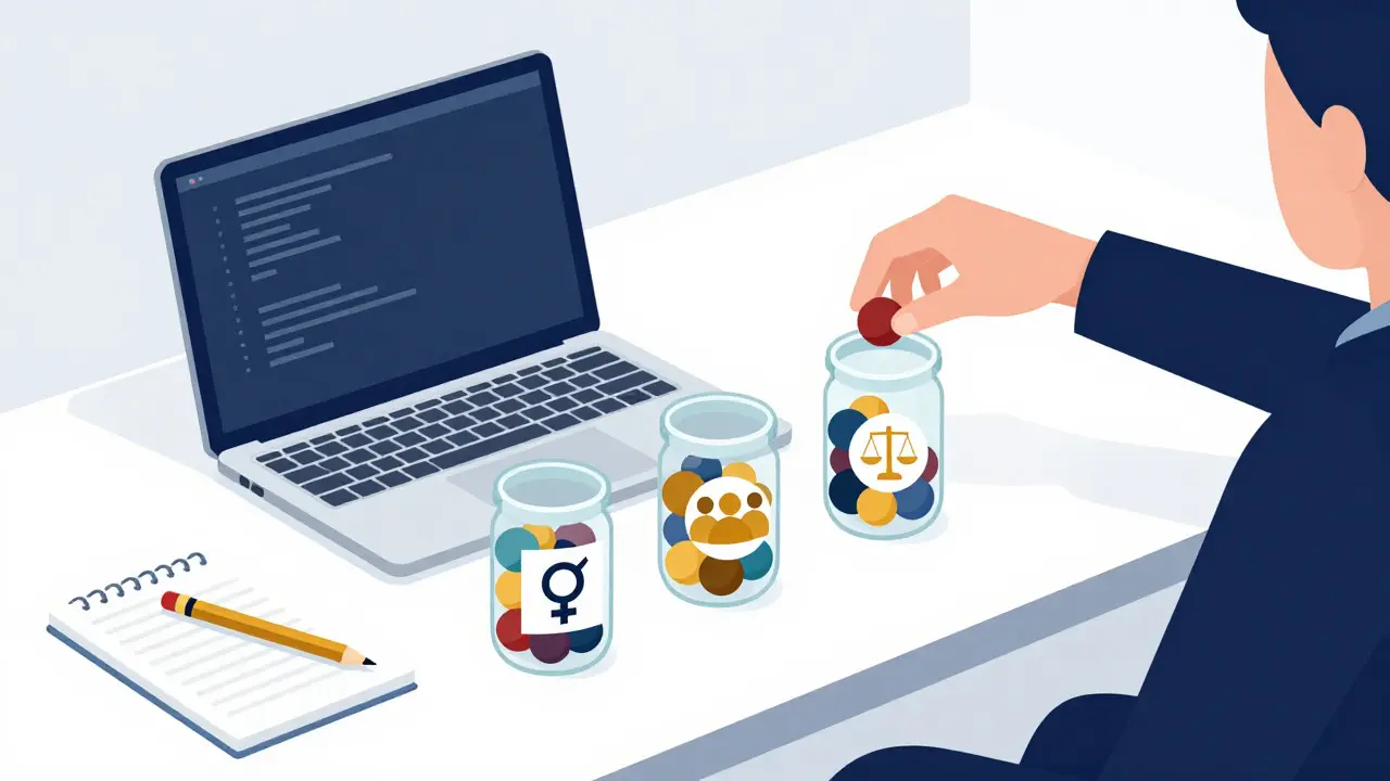 Flat illustration of a desk with jars containing colored balls, representing balanced data examples