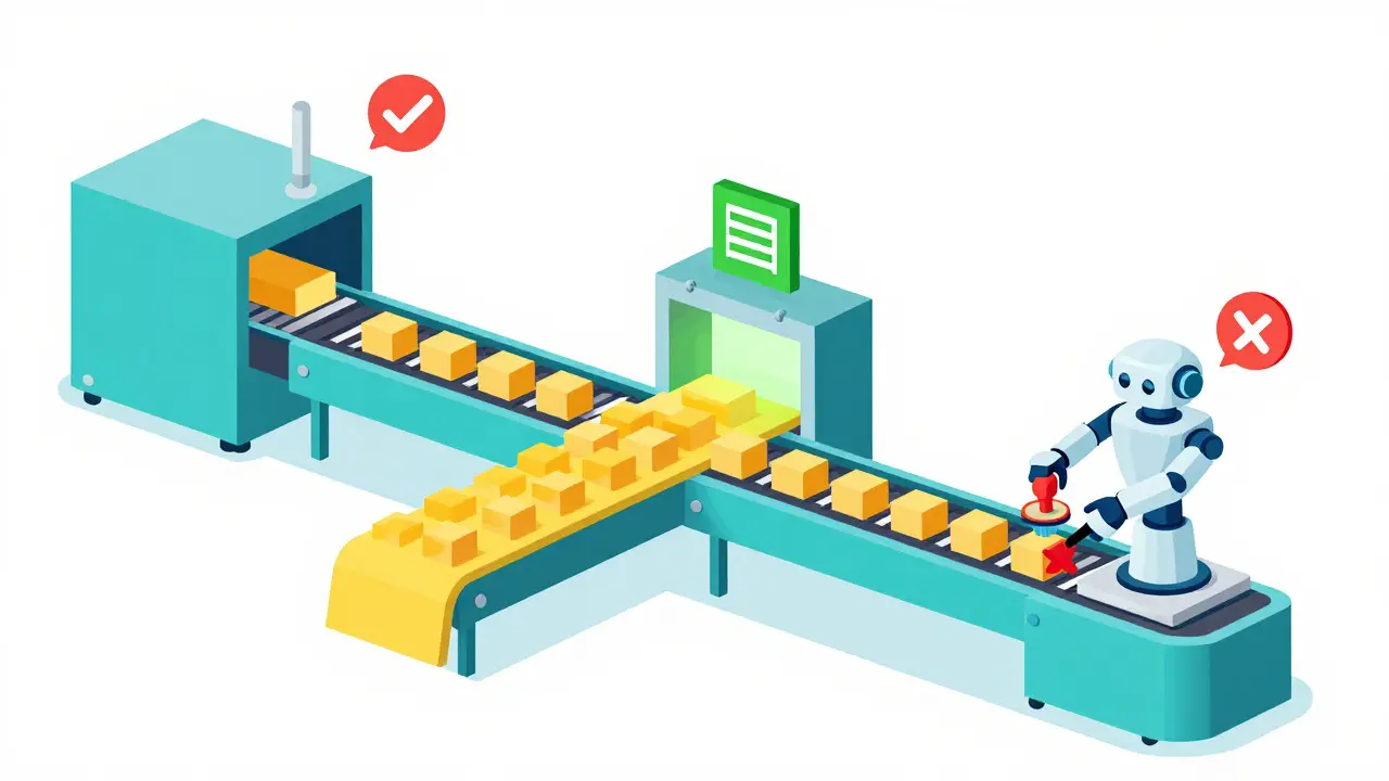 Flat illustration of a factory line processing data through extraction, retrieval, and verification