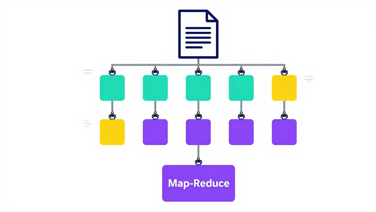 Flat illustration of a map-reduce workflow organizing document chunks into summaries