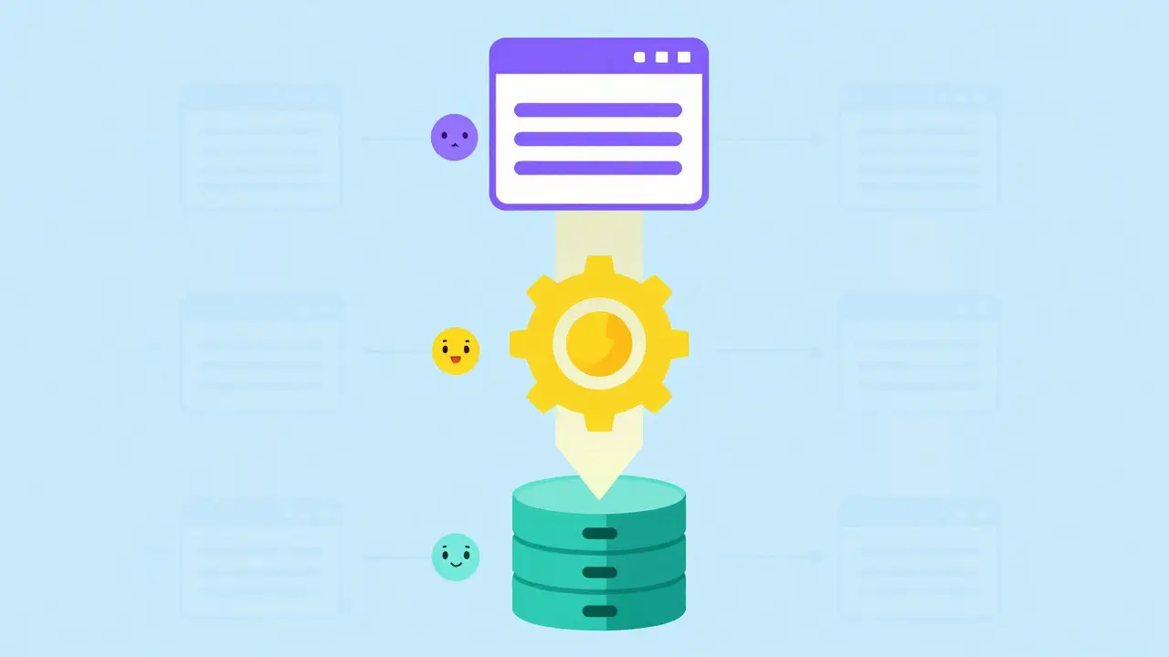 Flat illustration of a vertical slice architecture connecting database, server, and UI