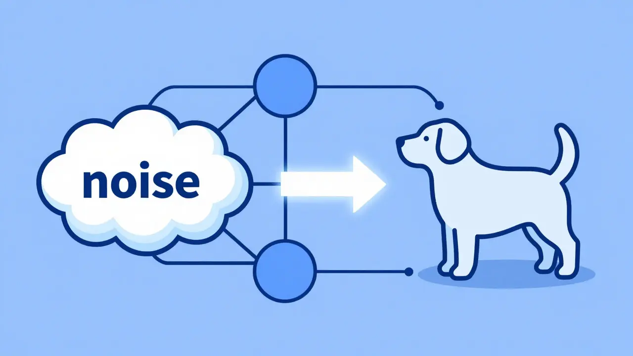 Flat illustration of noise turning into clear shape via neural network