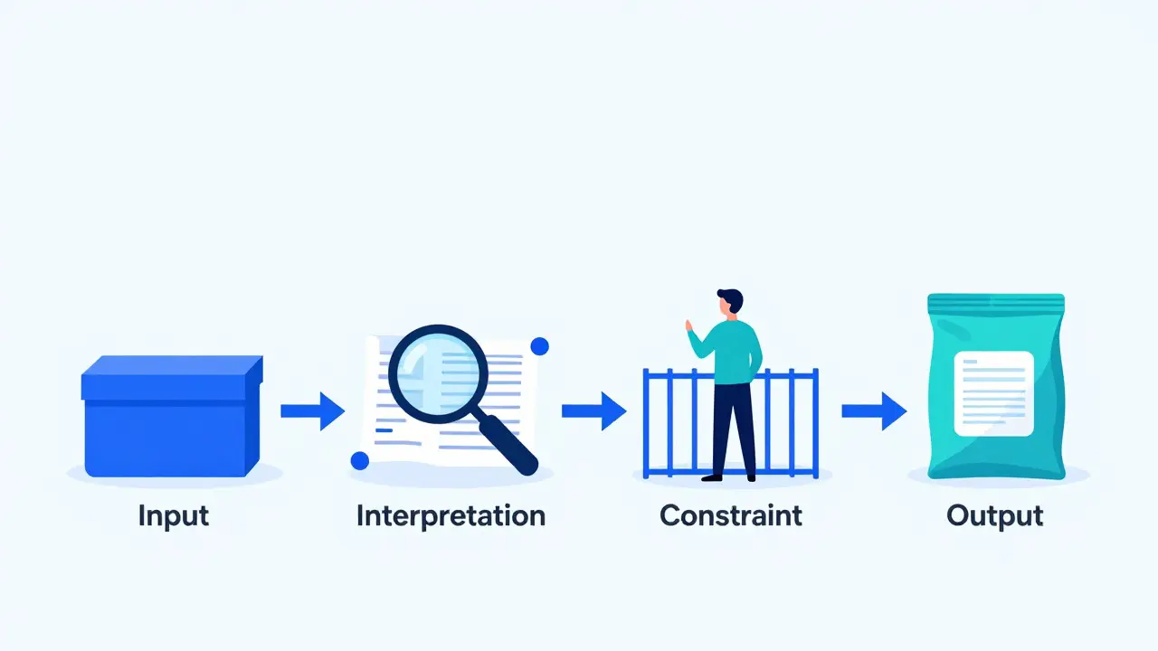 Four-step process diagram showing input, interpretation, constraint, and output stages
