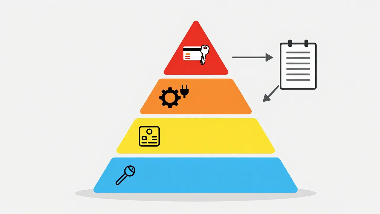 Four-tier pyramid diagram illustrating risk levels with corresponding security icons
