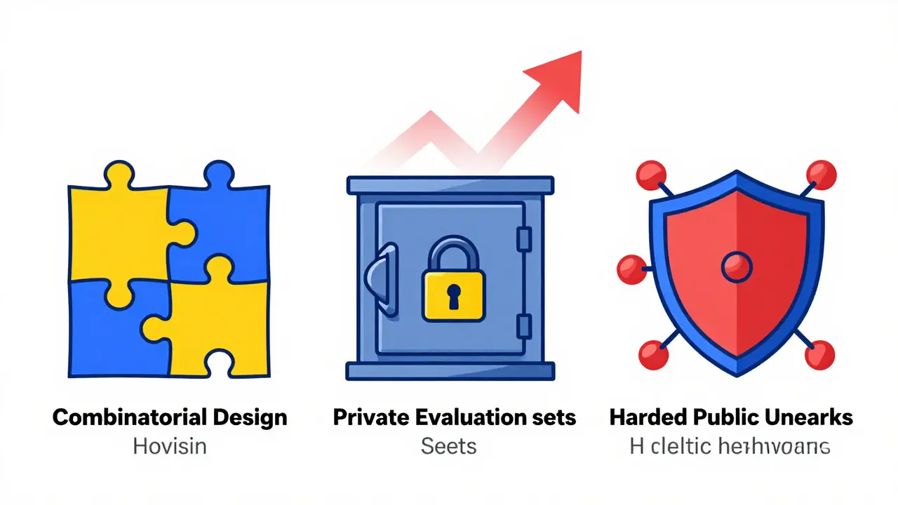Icons showing combinatorial, private, and hardened benchmark strategies