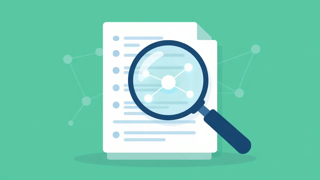 Illustration of a magnifying glass finding accurate facts within a layered document structure