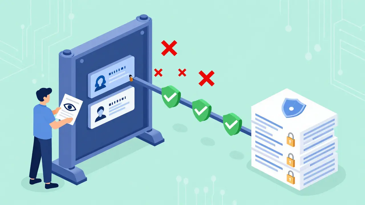 Illustration of a security filter processing AI code inputs into secure outputs