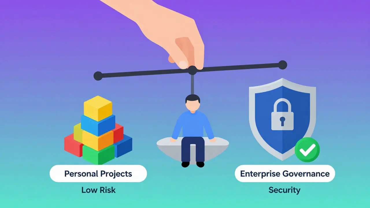Isometric illustration of a scale balancing personal projects against enterprise security