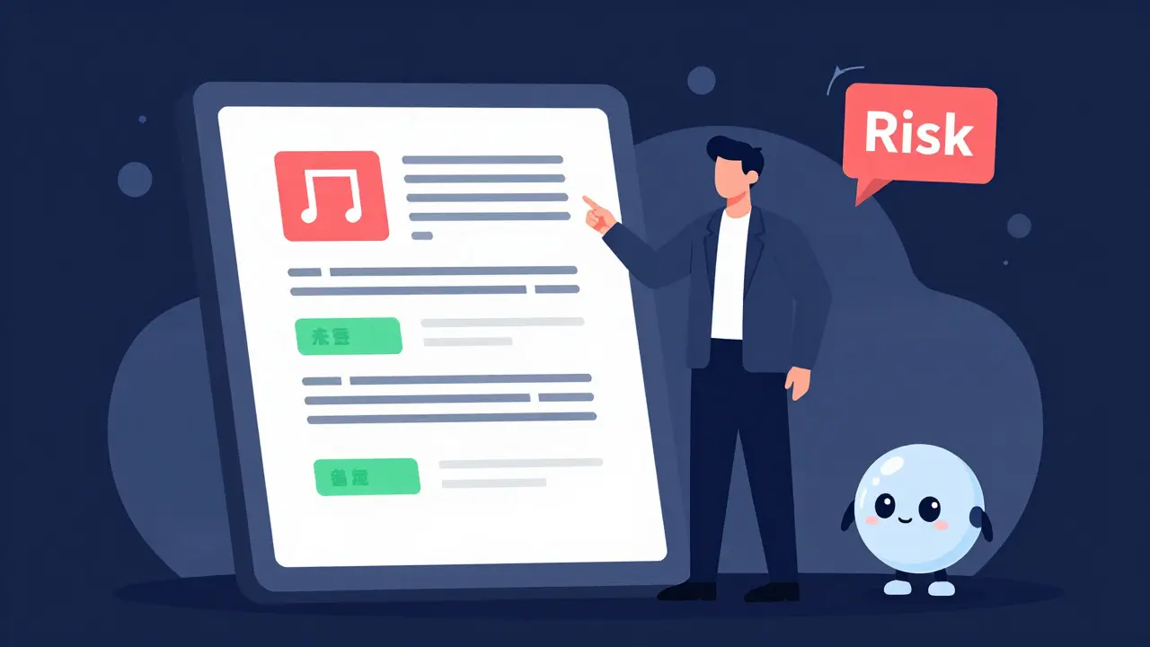 Lawyer reviewing contract risks highlighted by an AI assistant on a screen.