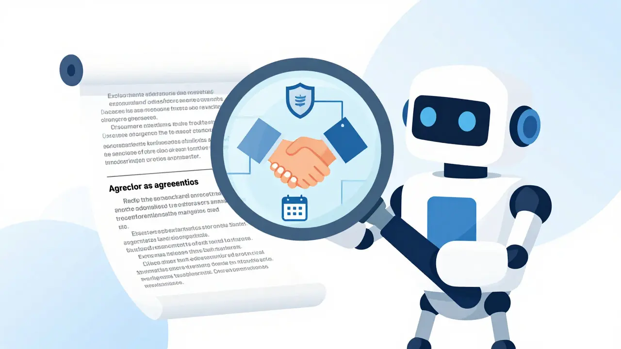Robot analyzing legal text, transforming complex clauses into clear icons.