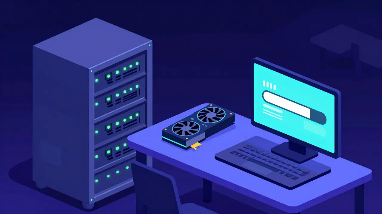 Server rack and GPU setup for AI processing in flat vector art