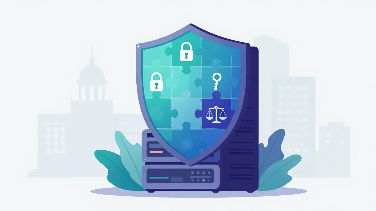 Shield protecting server with security and ethics symbols inside