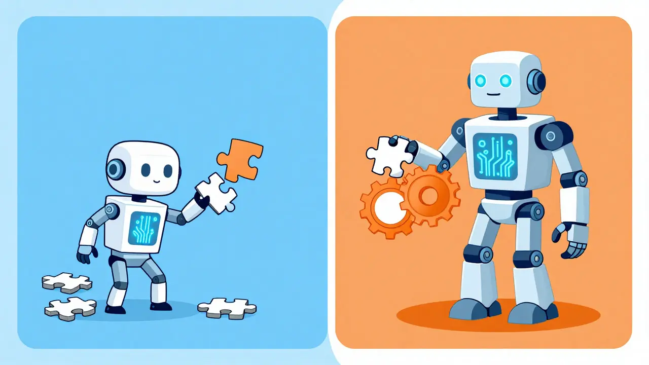 Small vs large robot comparing pattern matching and reasoning
