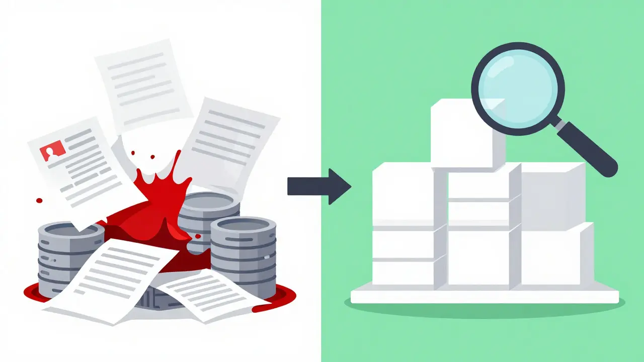 Split screen showing raw messy documents transforming into clean, organized data blocks