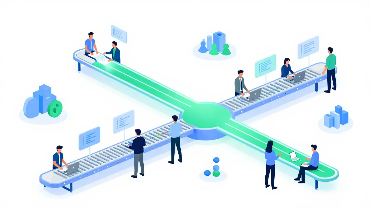 Streamlined flat illustration of rapid code integration and automated CI/CD pipelines in trunk-based dev