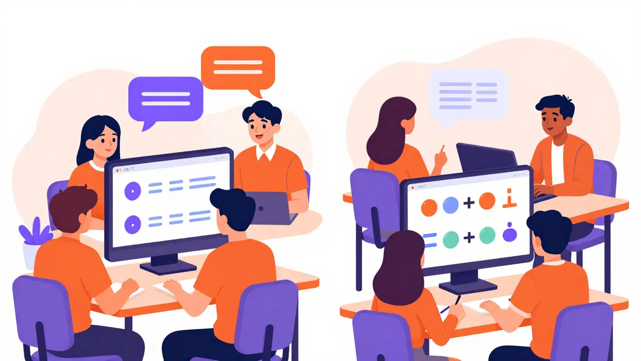 Students receiving personalized tutoring from AI avatars in a classroom.