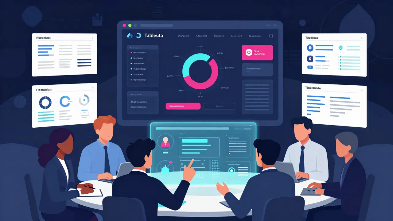 Team collaborating on holographic dashboards blending AI tools and traditional BI