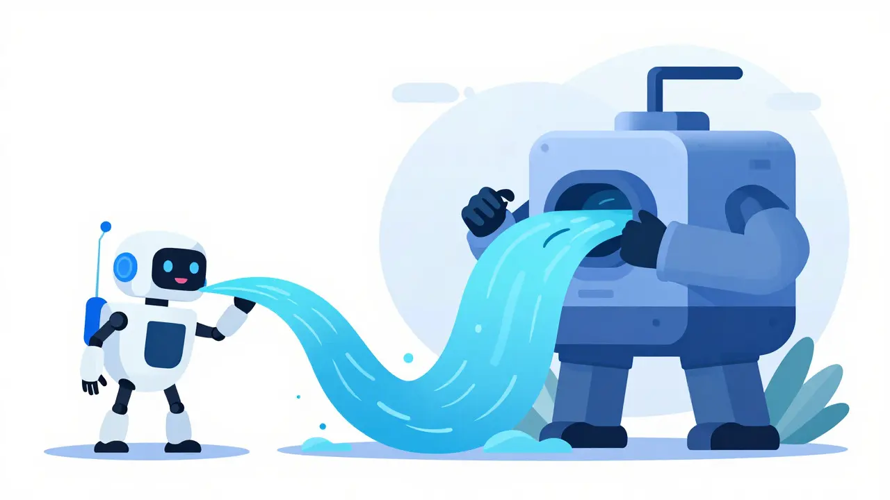 Vector art showing a small model efficiently processing a large data stream