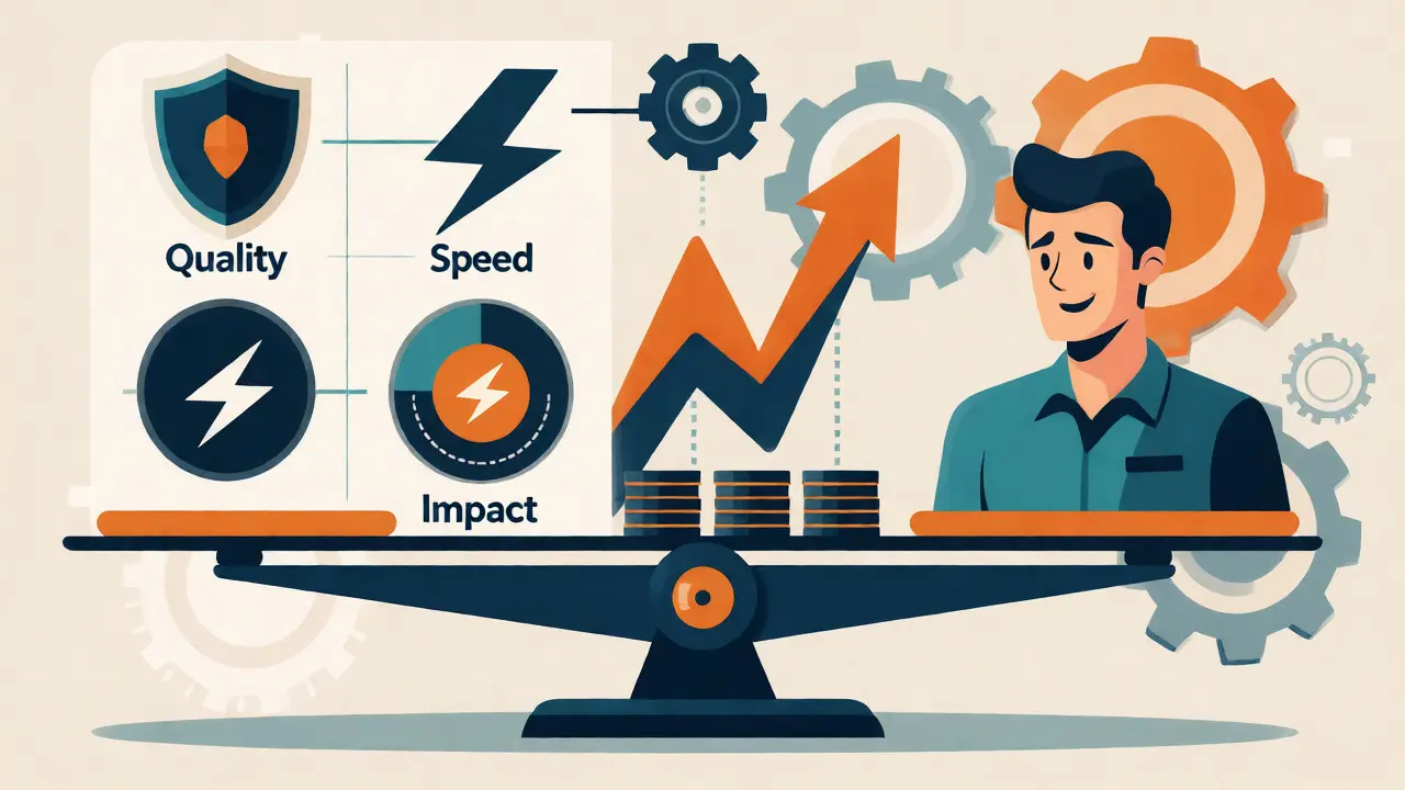Balanced scale showing code quality, speed, impact, and developer happiness