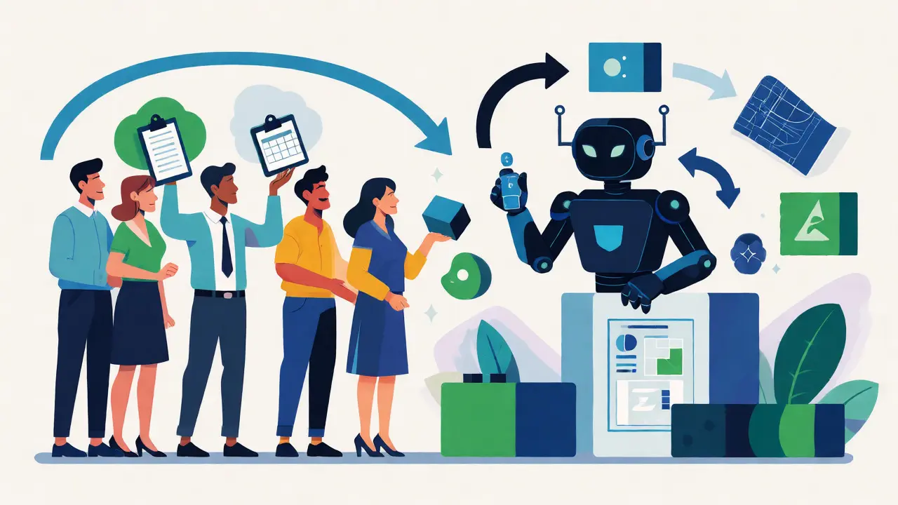 Business professionals collaborating with an AI agent to build software