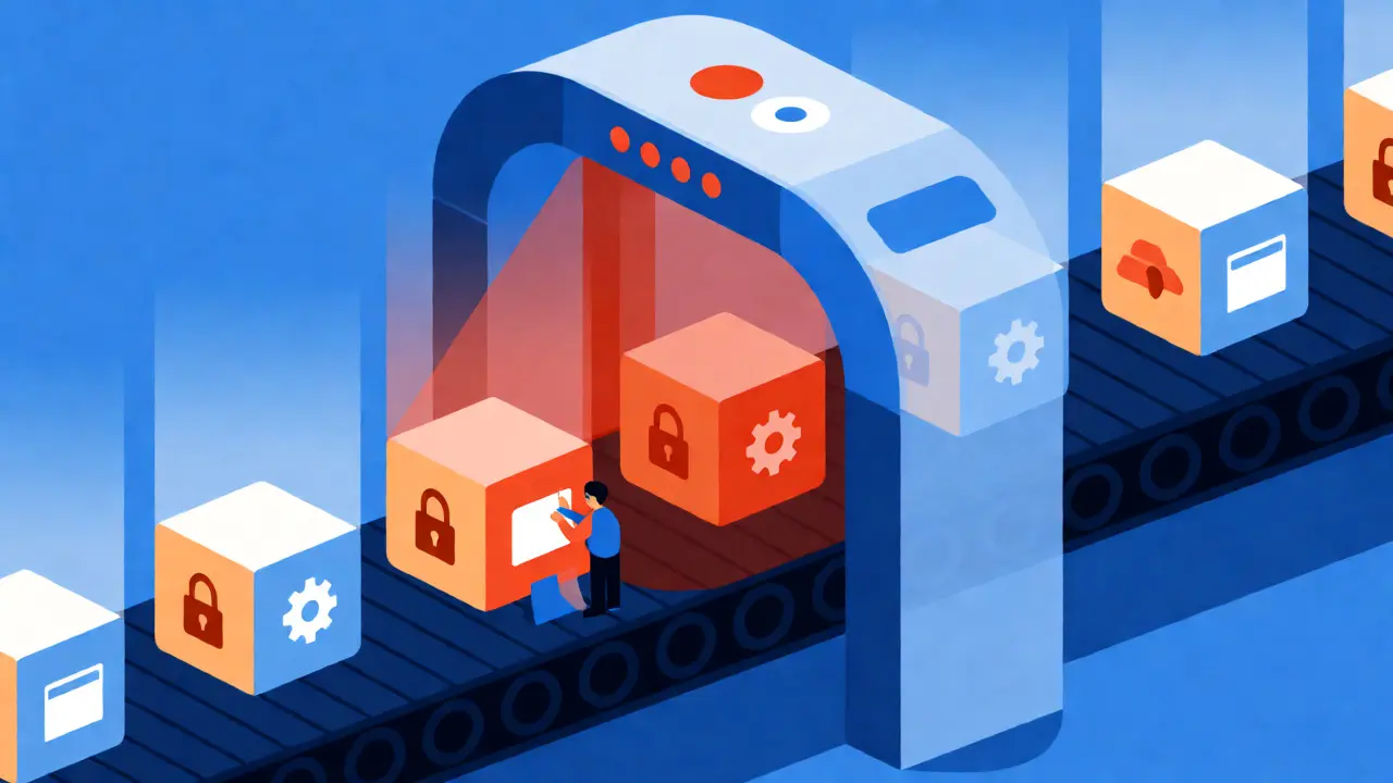 Code components passing through a security scanning gate with some blocked