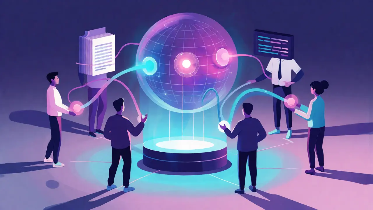 Connected AI agents sharing memories through a central holographic hub