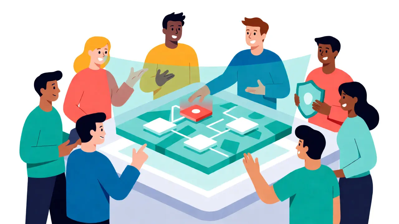 Developers collaborating around a holographic map identifying vulnerabilities