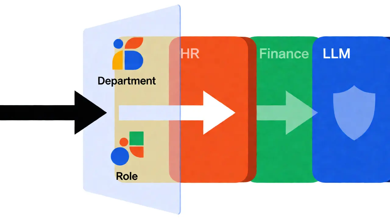 Diagram showing row-level security filtering queries based on department metadata tags.