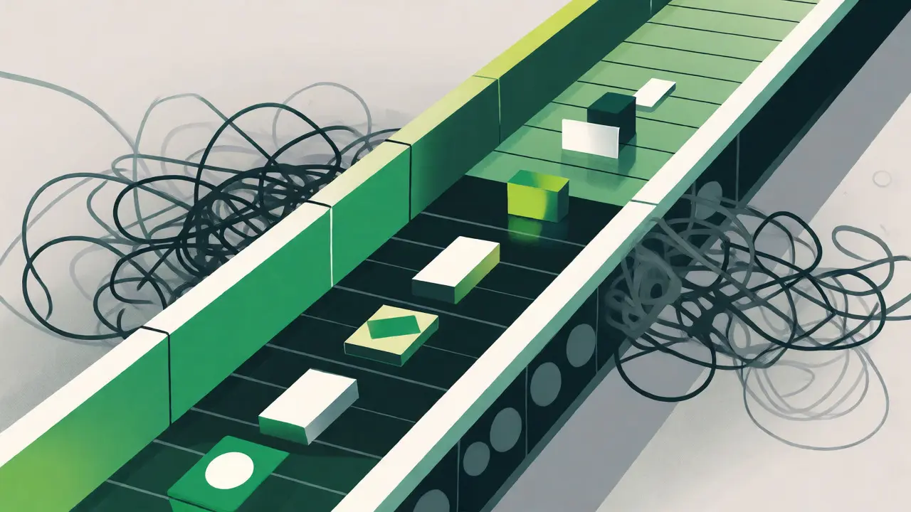 Digital pathway with barriers guiding orderly data flow against chaos.