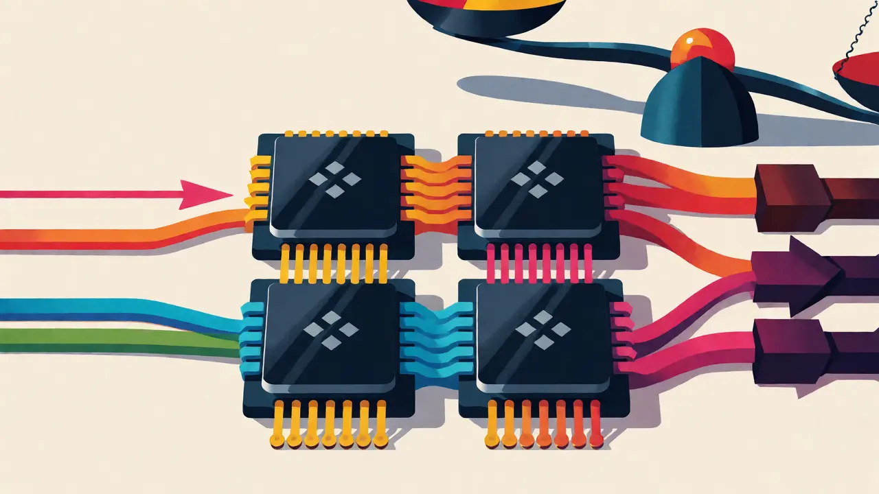 Four GPUs connected by cables showing tensor parallelism communication costs