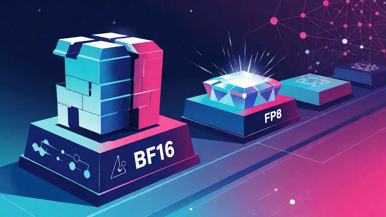 Future floating point formats showing stable BF16 block and fast FP8 crystal