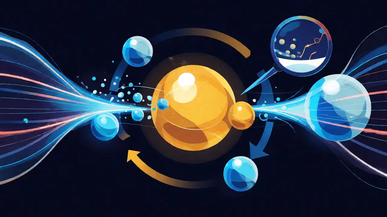 Golden FP32 master weight sphere surrounded by orbiting FP16 data particles